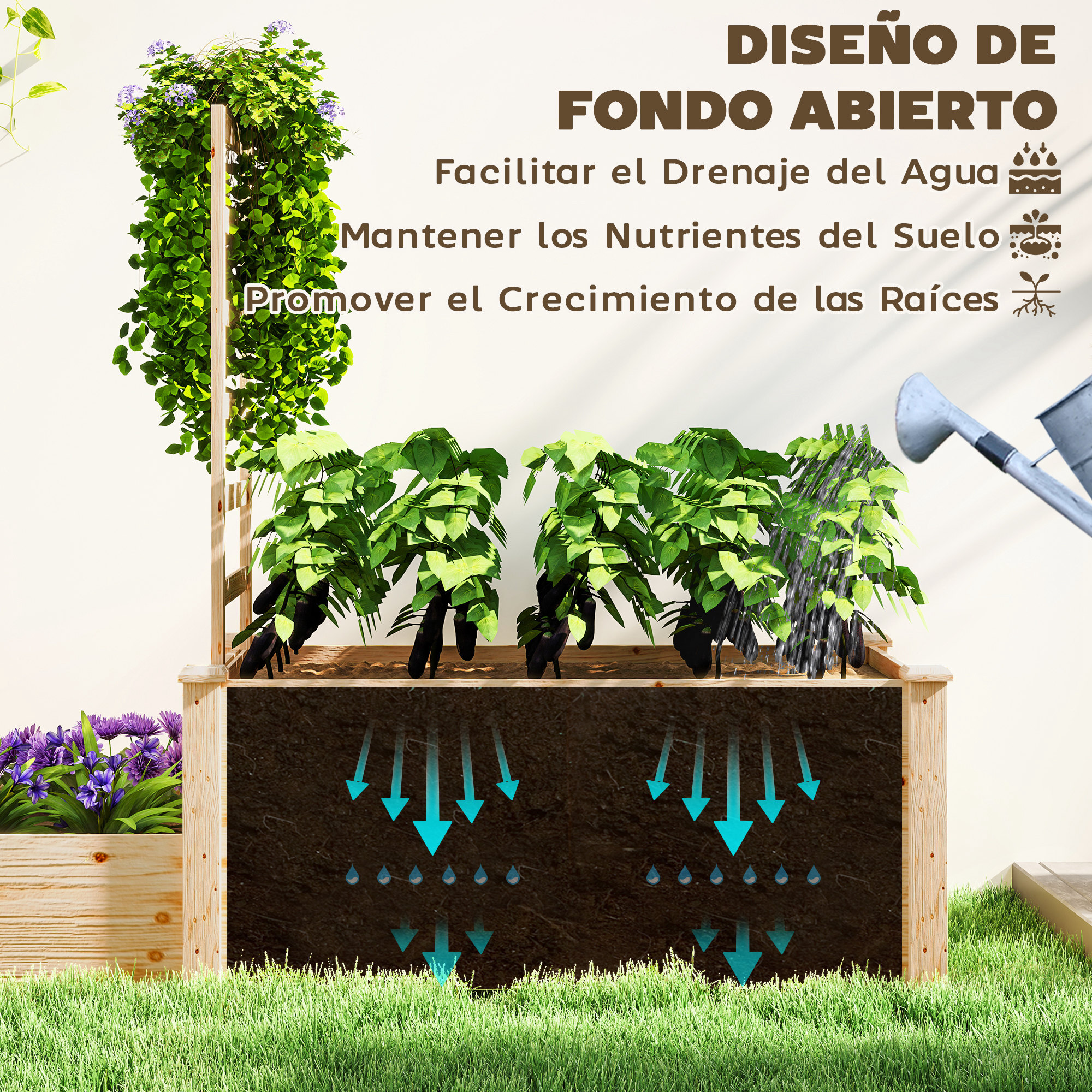 Jardinera Exterior Grande de Madera Jardinera Elevada con Celosía para Plantas Trepadoras y 2 Cajas de Cultivo para Jardín Patio Terraza 222x63x132 cm Natural