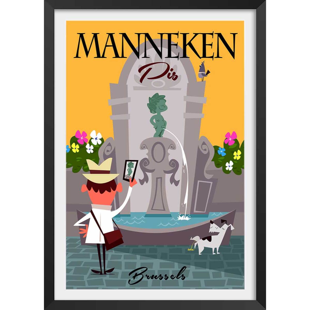 Poster retro manneken pis à bruxelles Affiche + cadre en bois - Noir