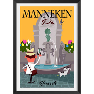 Poster retro manneken pis à bruxelles Affiche + cadre en bois - Noir