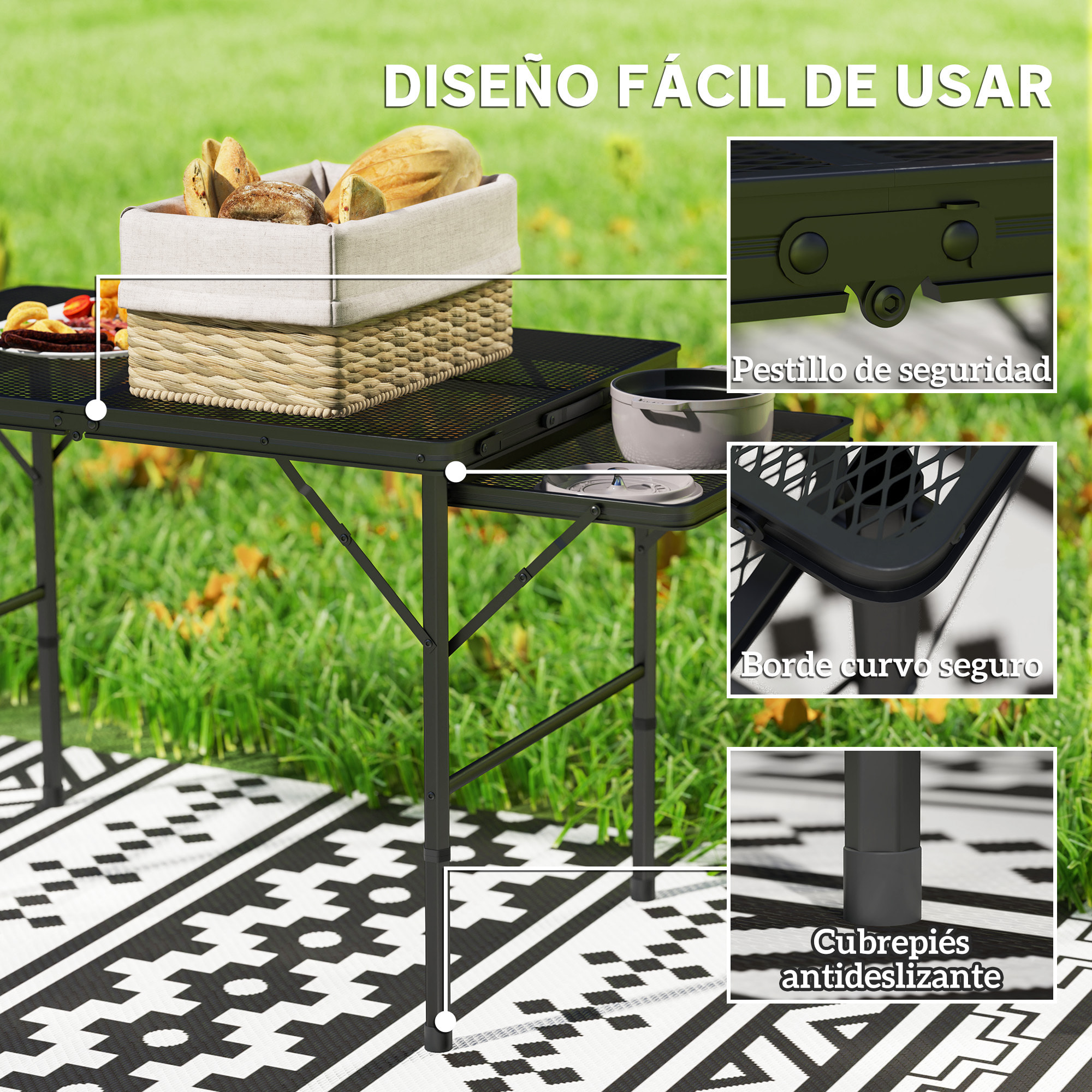 Mesa Plegable Camping de Aluminio 137x62x67 cm con Laterales Abatibles y Altura Ajustable Mesa Plegable Portátil Ligera con Encimera Metálica de Rejilla para Acampar Senderismo Playa Negro