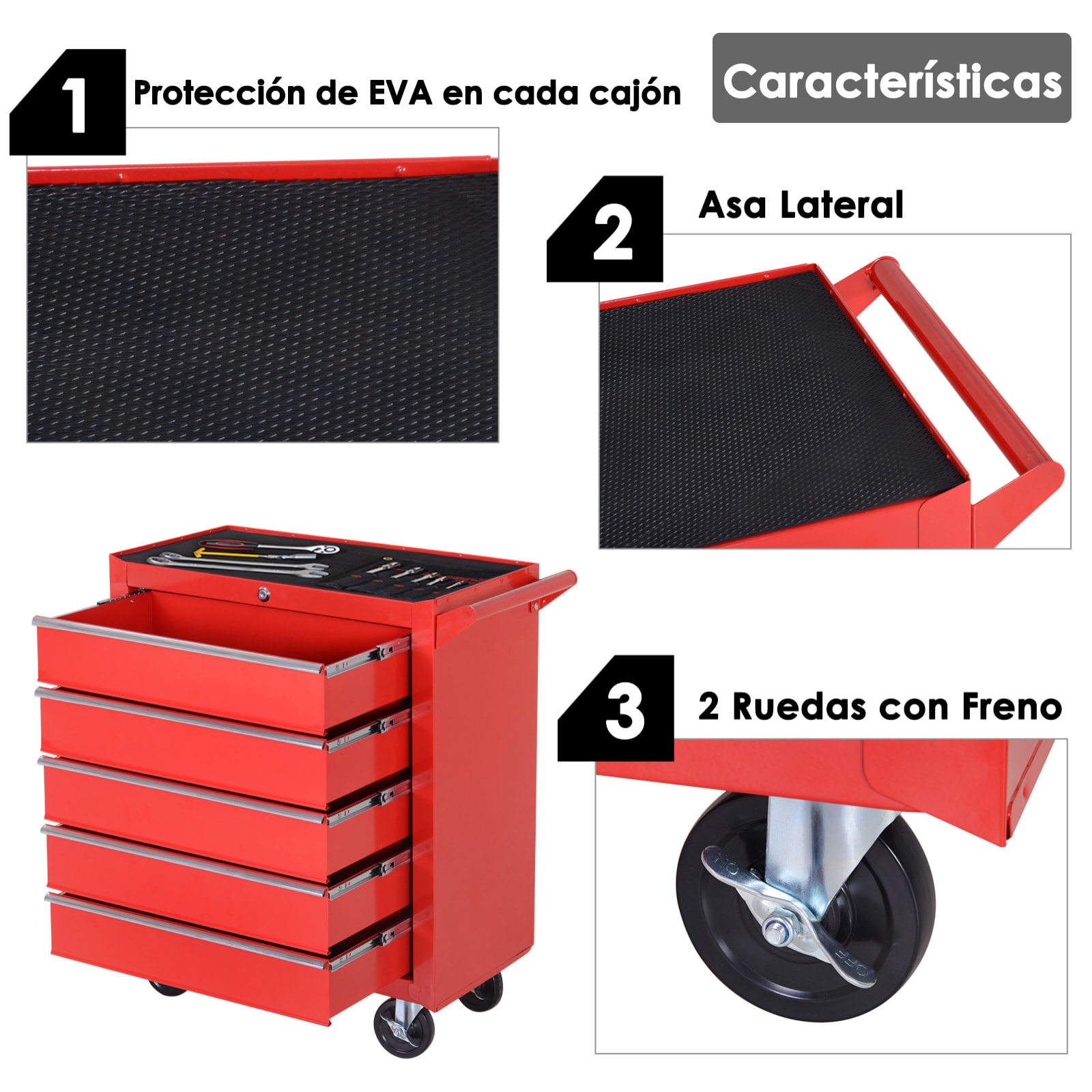Caja Taller Carro de Herramientas con Ruedas Cerradura tipo Mueble de Almacenamiento para Taller Garaje y Hogar Chapa de Acero 69x33x75 cm Rojo