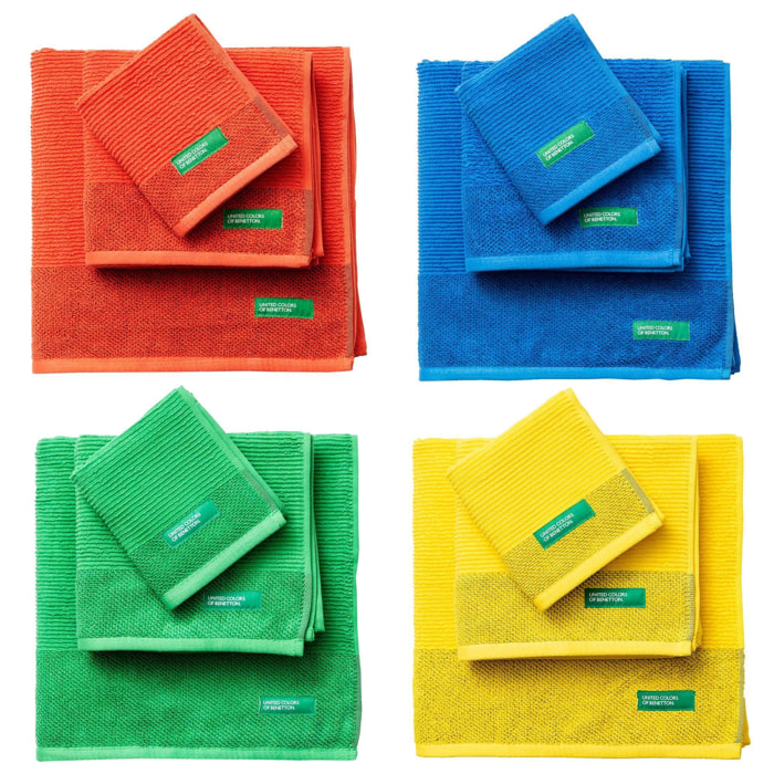 Set de 4 juegos de 3 toallas cada uno (tocador 30x50cm + lavabo 50x90cm + ducha 70x140cm) 450gsm en algodón rojo, azul, amarillo y verde benetton