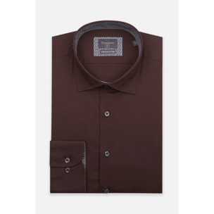 Camicia Uomo 1 Bottone Francese Slim Popeline Stretch Unito Marrone