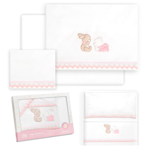 Triptico Minicuna Guipur Oso Tumbado Conejito Bco/Rosa