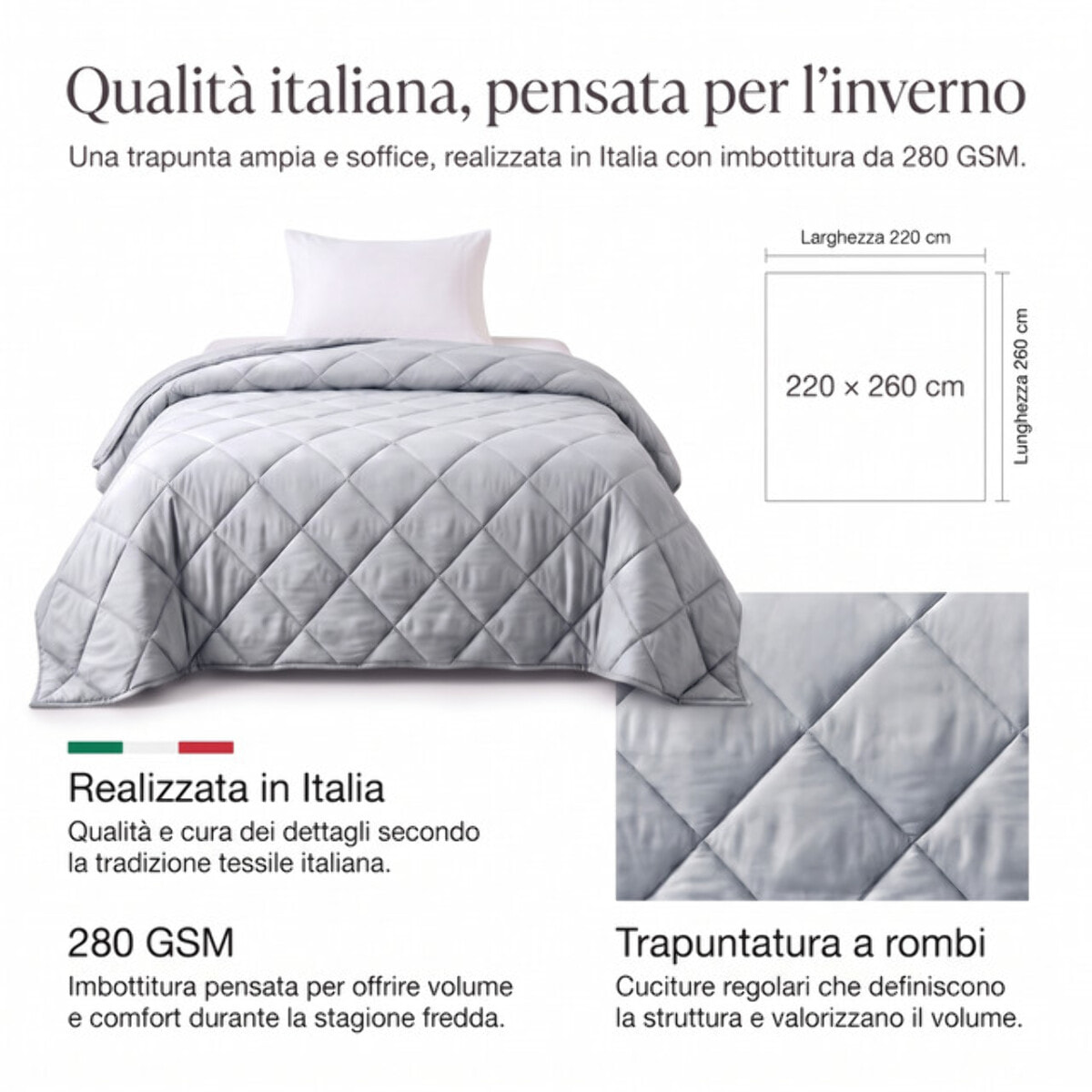 Trapunta invernale Irina in velluto mano pesca - Grigio Perla