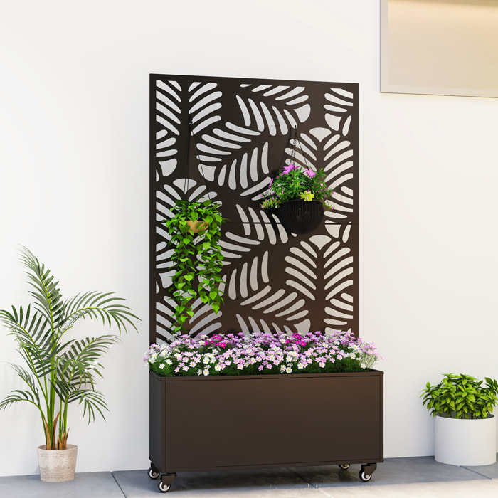 Jardinera Exterior Grande de Metal con Ruedas, Jardinera con Pantalla de Privacidad de Hojas de Monstera, Macetero con Enrejado para Plantas Trepadoras, Patio, Terraza, 90x30x160 cm, Negro