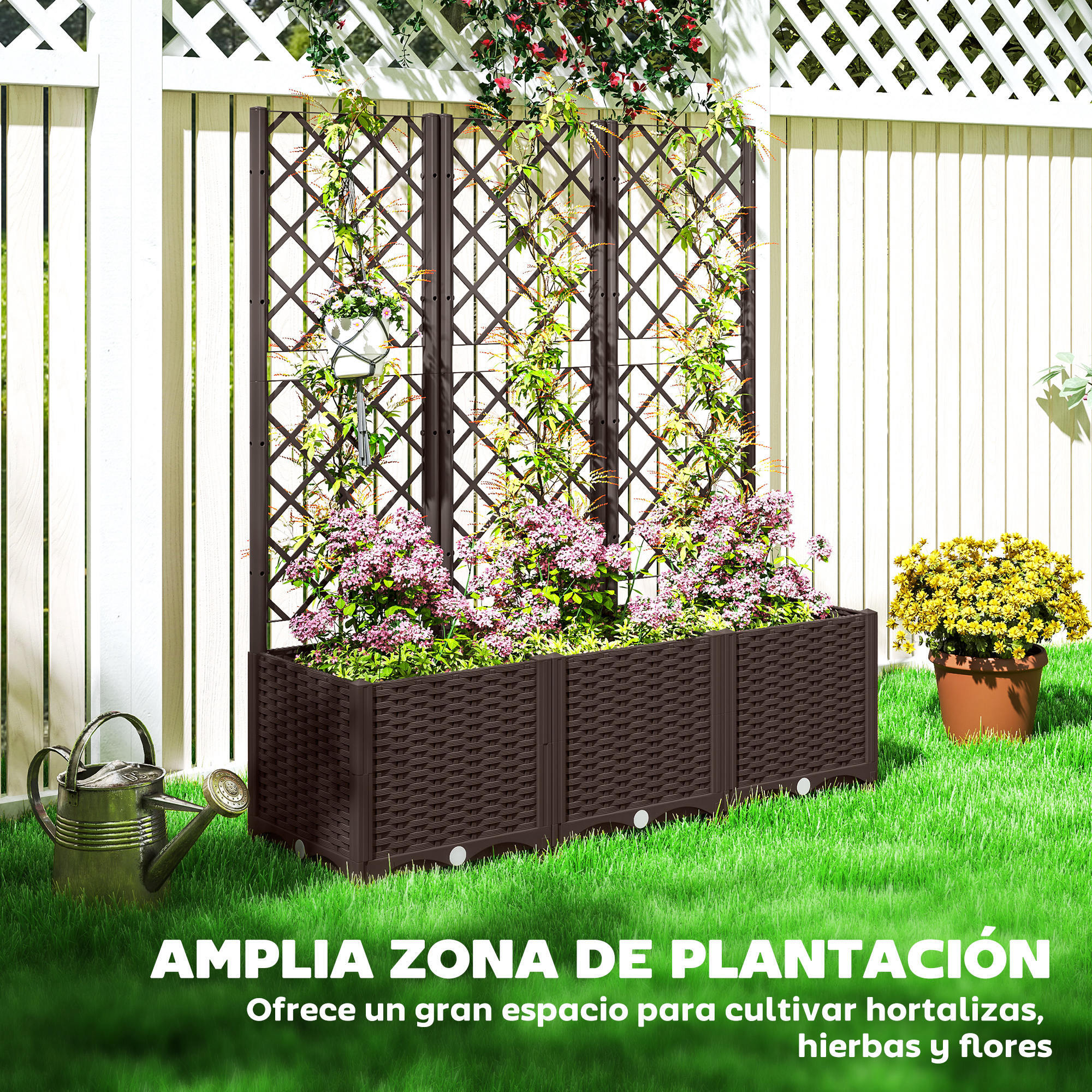 Jardinera con Enrejado de PP Jardinera Exterior Grande con Drenaje y Amplio Espacio para Plantas Trepadoras Macetero con Soporte para Jardín Patio Terraza 120x40x135 cm Marrón