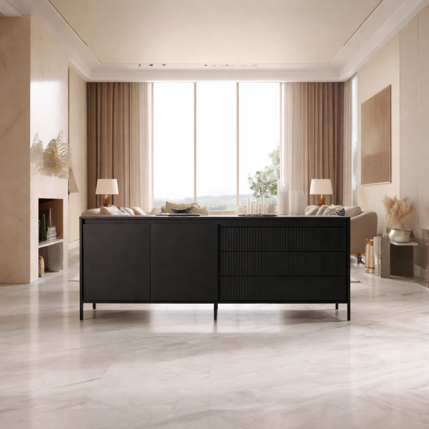 Madia Credenza 2 Ante 3 Cassetti Push To Open Con Ripiani E Vani Mobile Soggiorno Design Moderno Con Piedini In Metallo 187.1 x 81.4 x 39.5 Cm Nero
