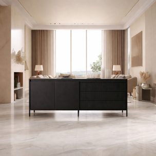 Madia Credenza 2 Ante 3 Cassetti Push To Open Con Ripiani E Vani Mobile Soggiorno Design Moderno Con Piedini In Metallo 187.1 x 81.4 x 39.5 Cm Nero