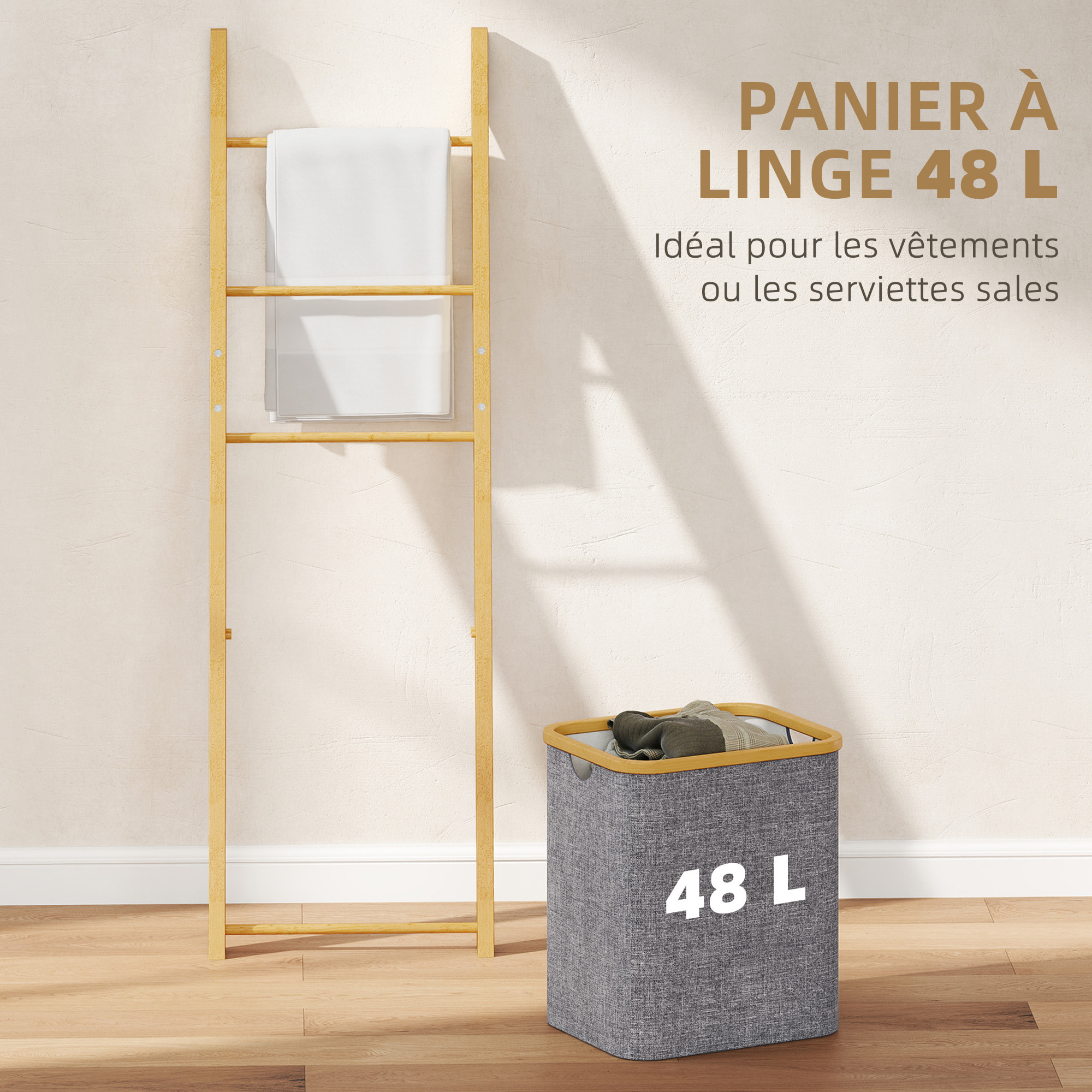 Porte-serviettes bambou avec panier à linge, échelle porte-serviettes avec 1 panier à linge, pour salon, chambre à coucher, buanderie, 43 x 35 x 133 cm, gris