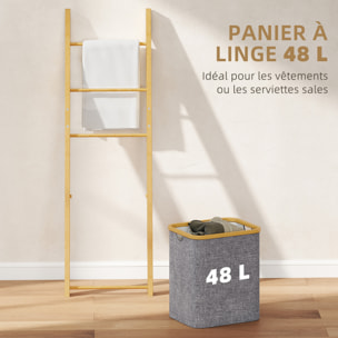 Porte-serviettes bambou avec panier à linge, échelle porte-serviettes avec 1 panier à linge, pour salon, chambre à coucher, buanderie, 43 x 35 x 133 cm, gris