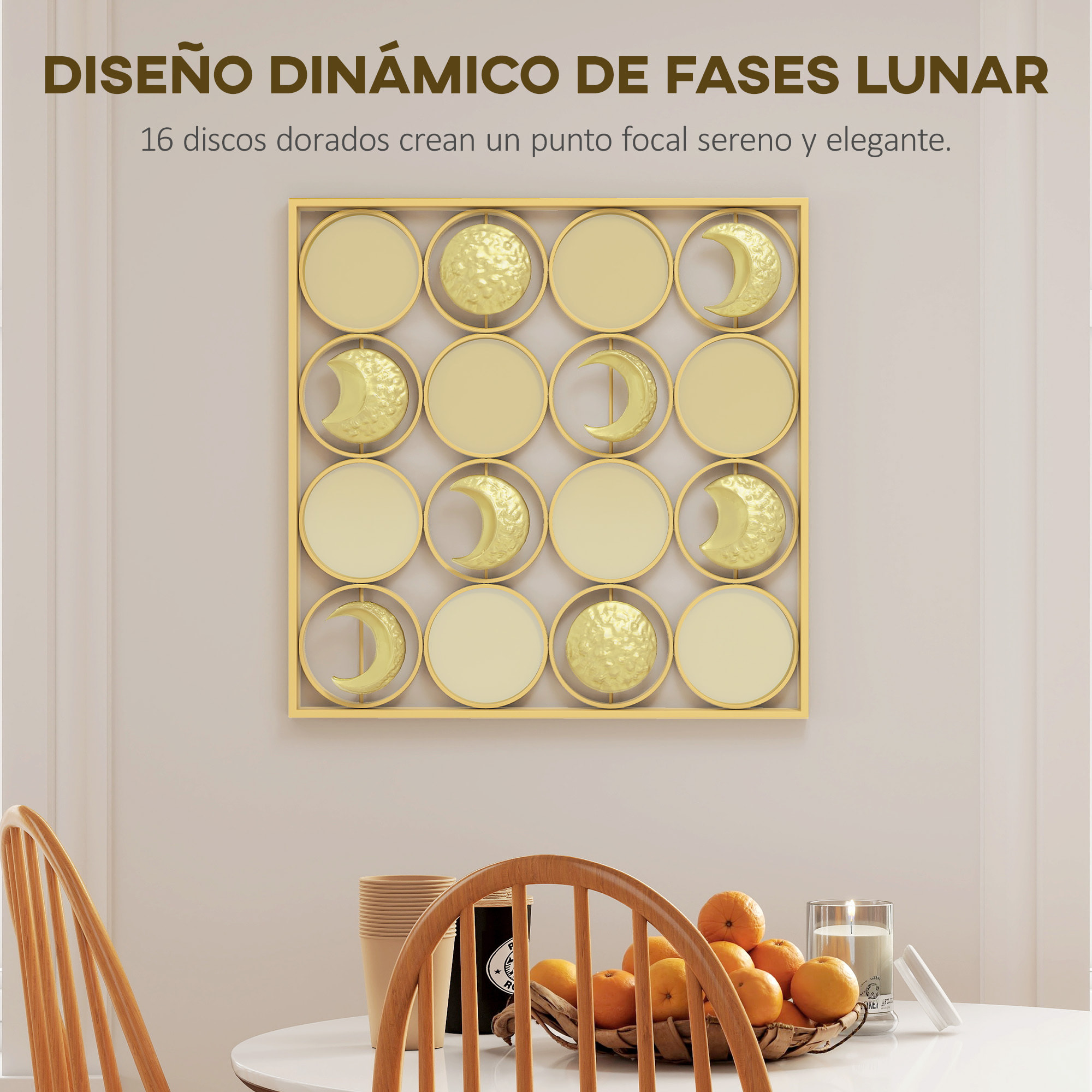 Decoración de Metal para Pared de Fases Lunares, Adornos de Pared Metálicos Multidireccional con 16 Discos, para Salón, Dormitorio, Pasillo, Dorado