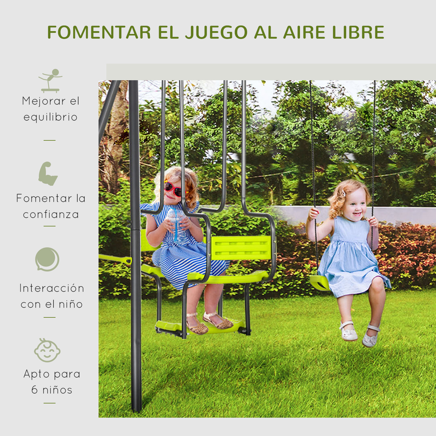 Juego de Columpio Infantil Exterior con 2 Columpios Asientos Abatibles Balancín y Marco de Acero Columpios para Niños de 3-8 Años 355x184x186 cm Verde