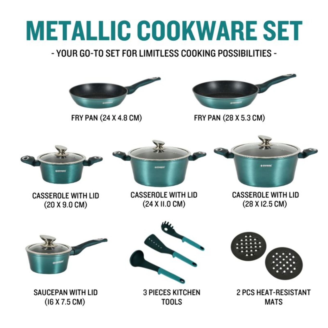 Batterie de cuisine 15 pièces avec revêtement en marbe Bleu Herzberg HGMETBL15-BLU