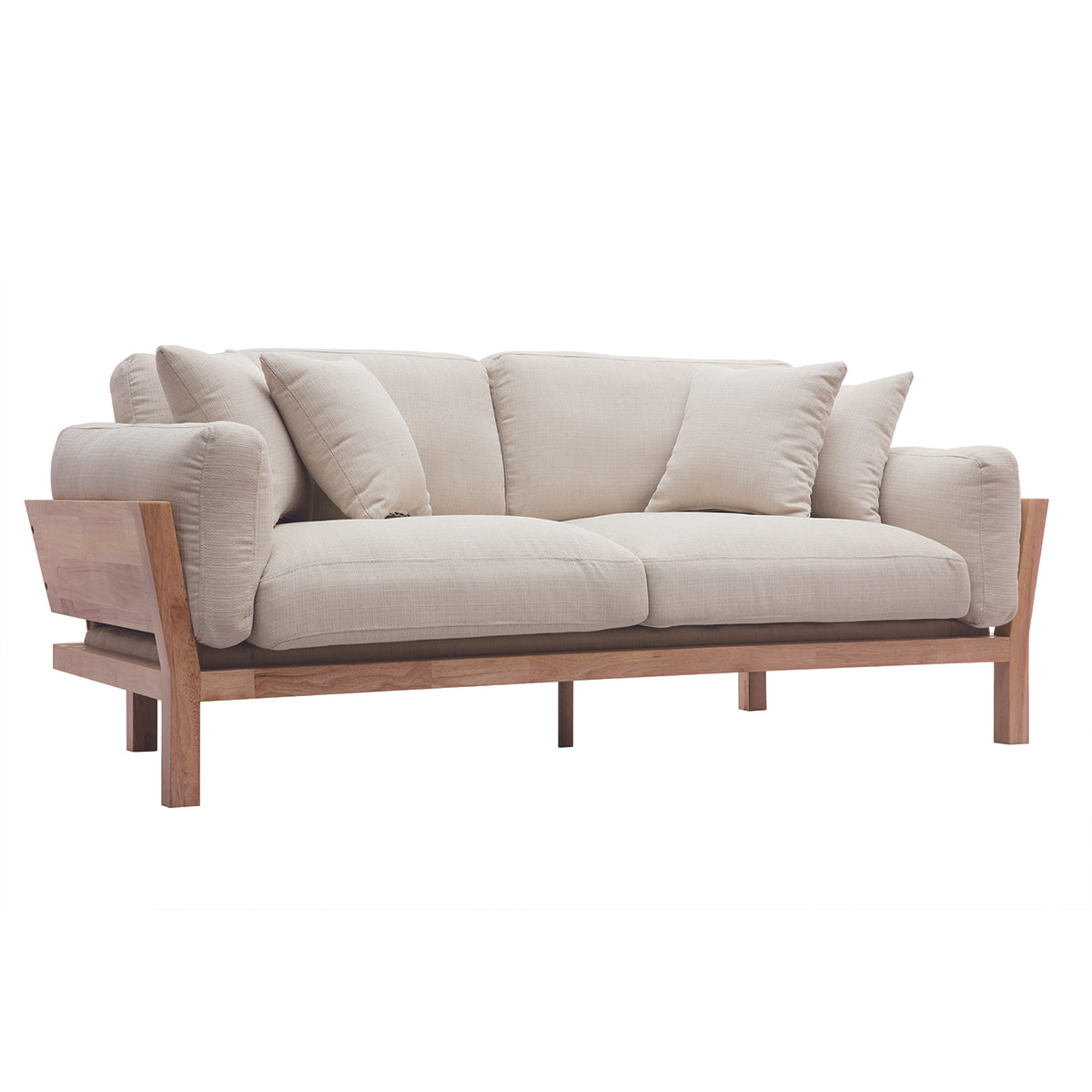 Canapé scandinave déhoussable 3 places en tissu blanc crème et bois clair KYO