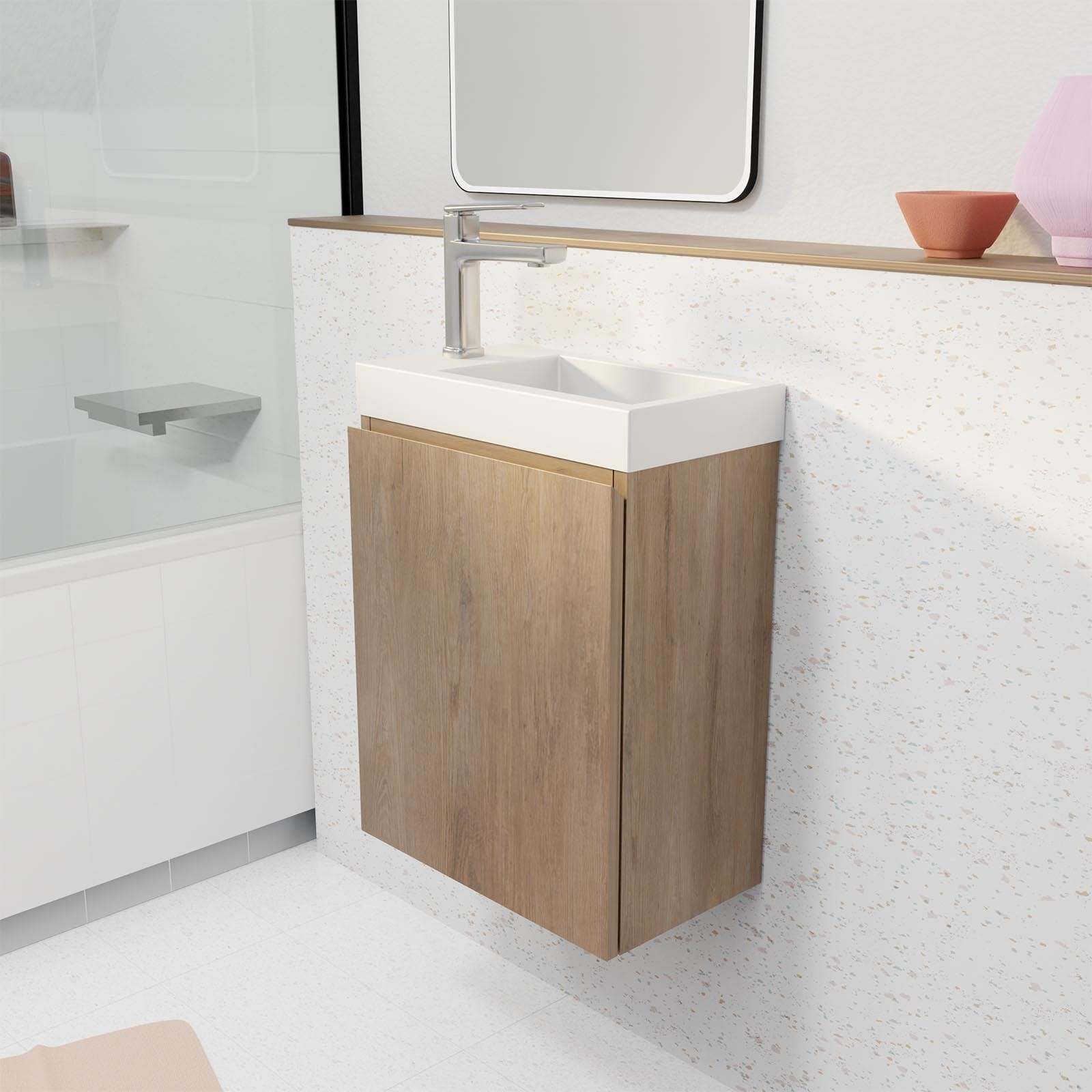 Meuble Lave Mains Décor Bois 40x50x22 cm avec Vasque en SMC Blanche - ELEMENTARY