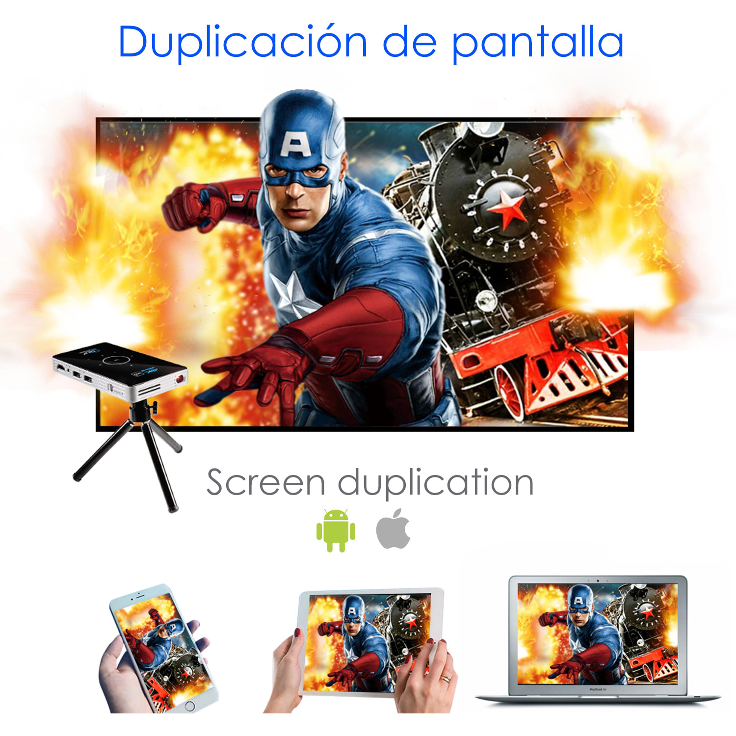 Mini videoproiettore portatile LED C6, DLP. Batteria ricaricabile, da 30 a 120 pollici. Clonazione schermo. 854x480px. Memoria da 16 GB.