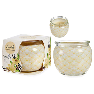 Candela profumata in barattolo di vetro aroma vaniglia.