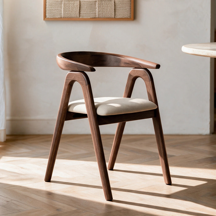 Chaise en bois d'hévéa marron et tissu beige - Hawa