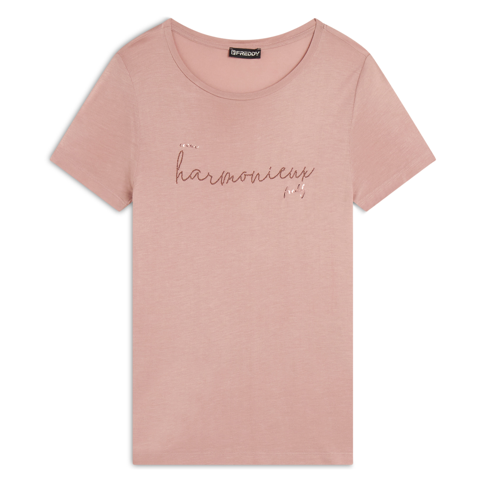 T-shirt donna in jersey viscosa scritta composta da borchie