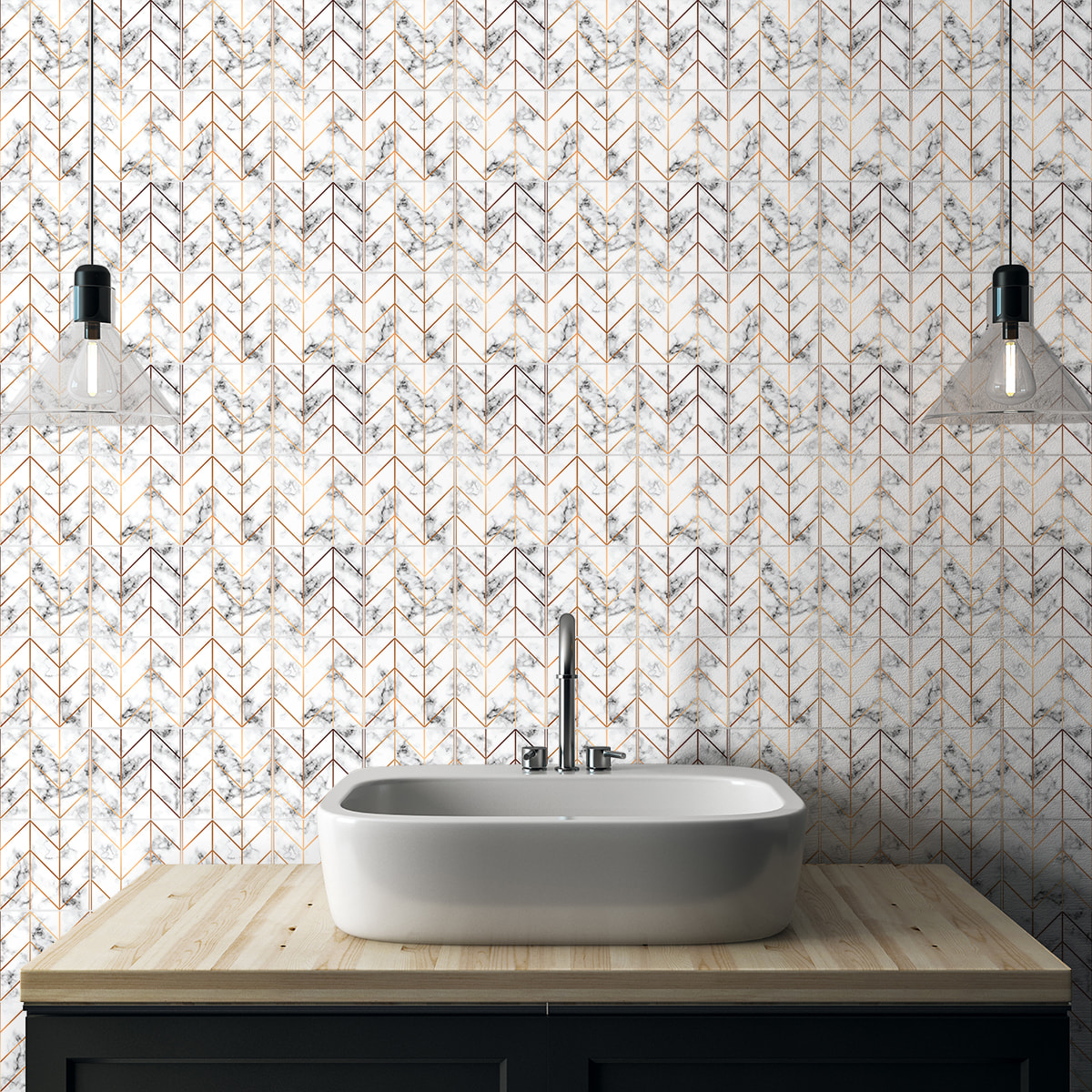 Stickers muraux - Sticker Mural Carrelage adhésif Cuisine Salle de Bain - 24 STICKERS CARRELAGES EFFET MARBRE LIGNE DORÉE