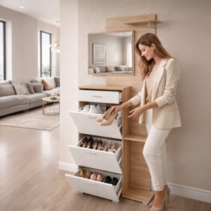 Ingresso Scarpiera Con Specchio 2 Ante A Ribalta Cassetto Appendibiti E Mensola Mobile Salvaspazio Moderno 192 x 120 x 24.5 Cm Colore Rovere E Bianco