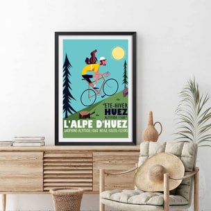 Poster de la montée de l'alpe d'huez Affiche + cadre en bois - Noir