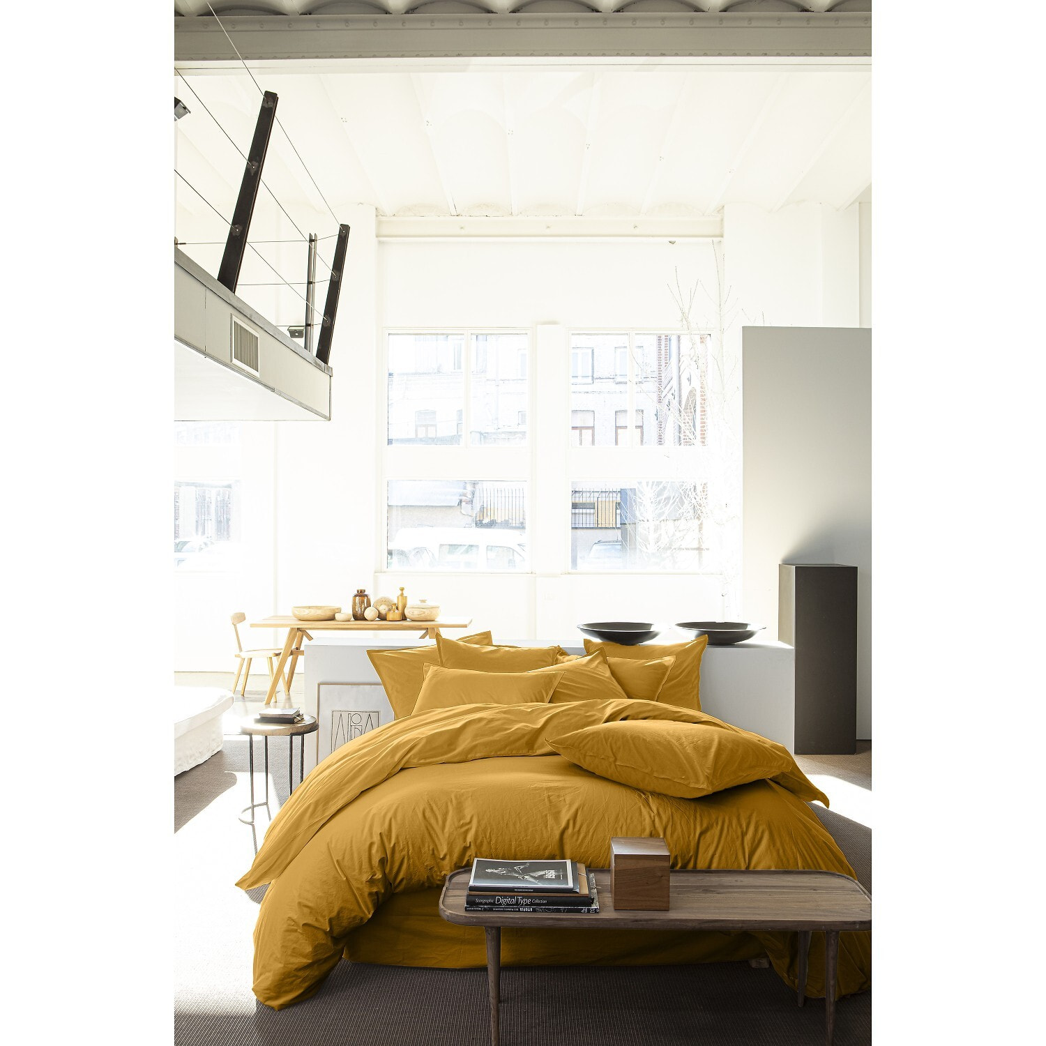 Drap housse percale de coton jaune moutarde