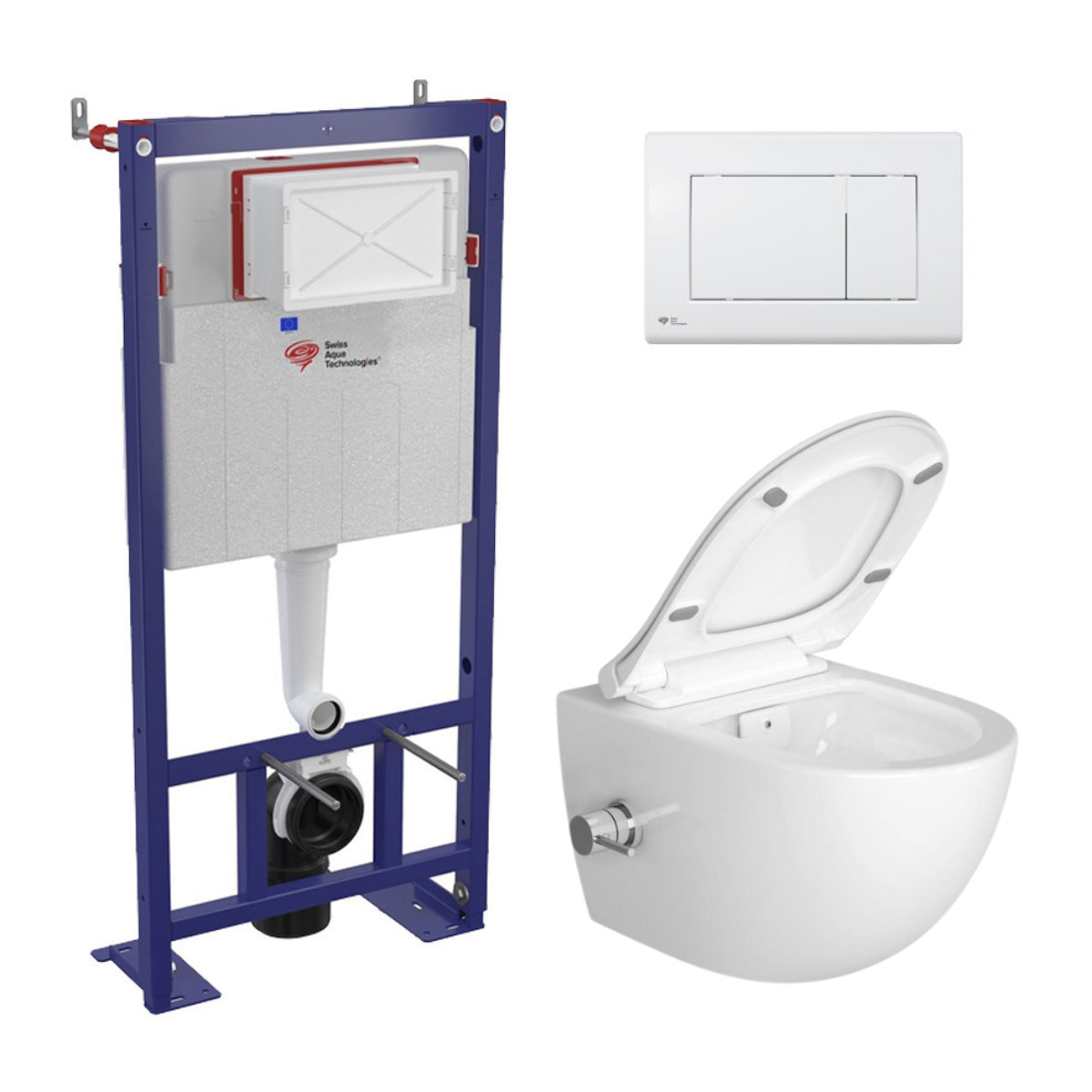 Pack WC bâti-autoportant + WC sans bride SAT Infinitio avec fonction bidet thermostatique + Abattant softclose + Plaque blanche