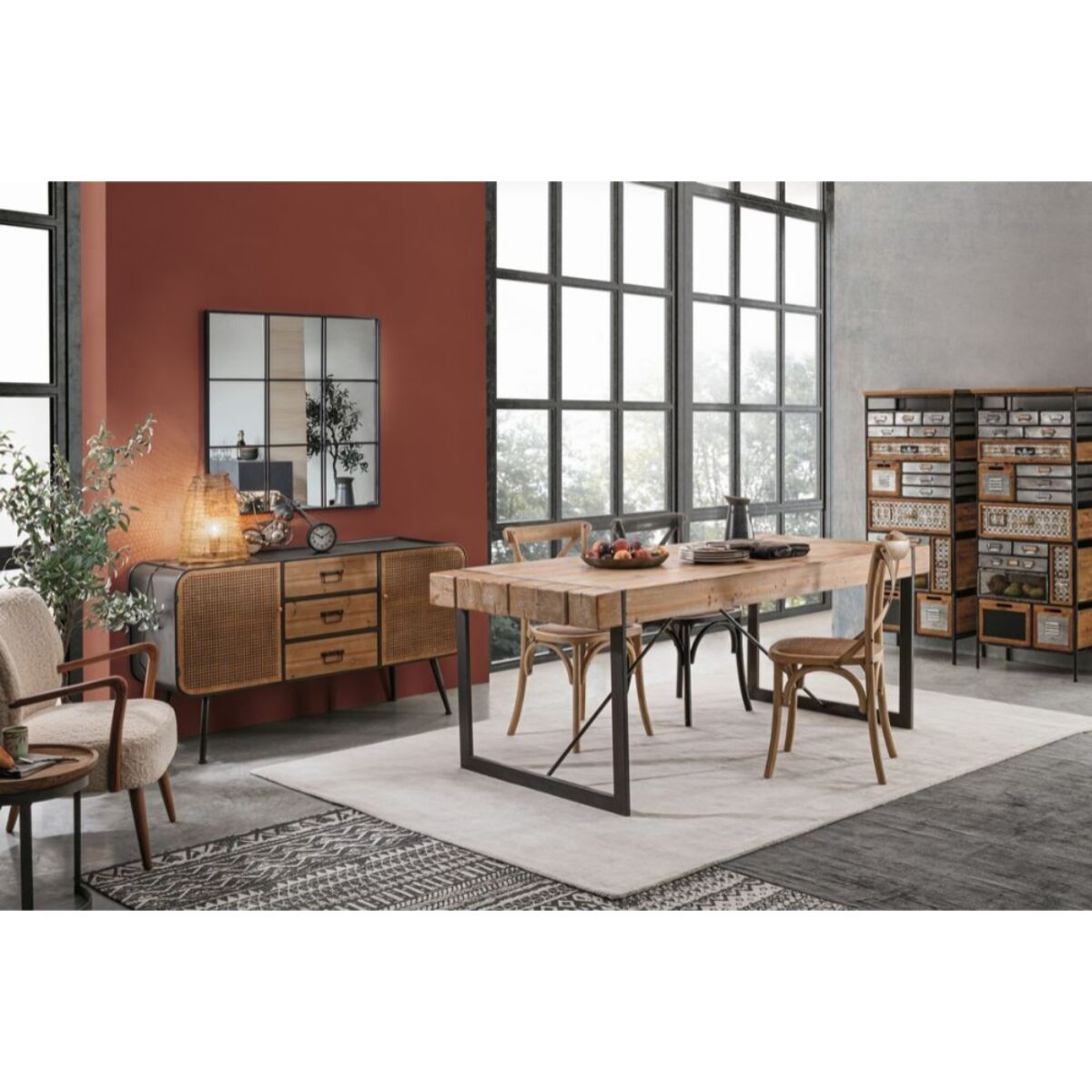 Set di sedie CROSS in legno di olmo nero e rattan naturale