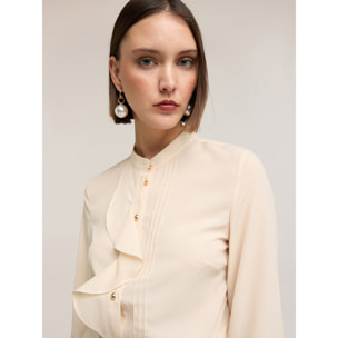 Motivi - Camisa en crepé de China con volante - Beige