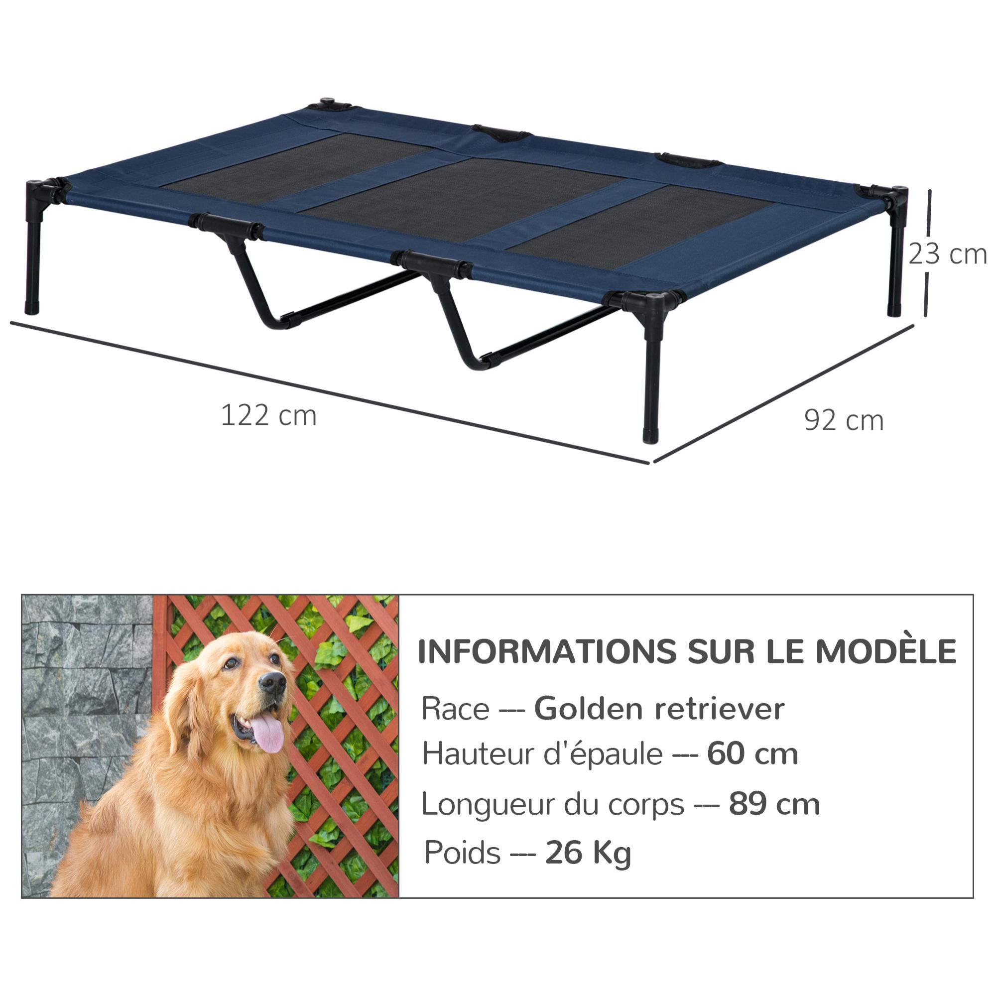 Lit sur pieds XXL pour chien chat lit de camp animal lit surélevé Oxford textilène micro-perforé dim. 122L x 92l x 23H cm bleu