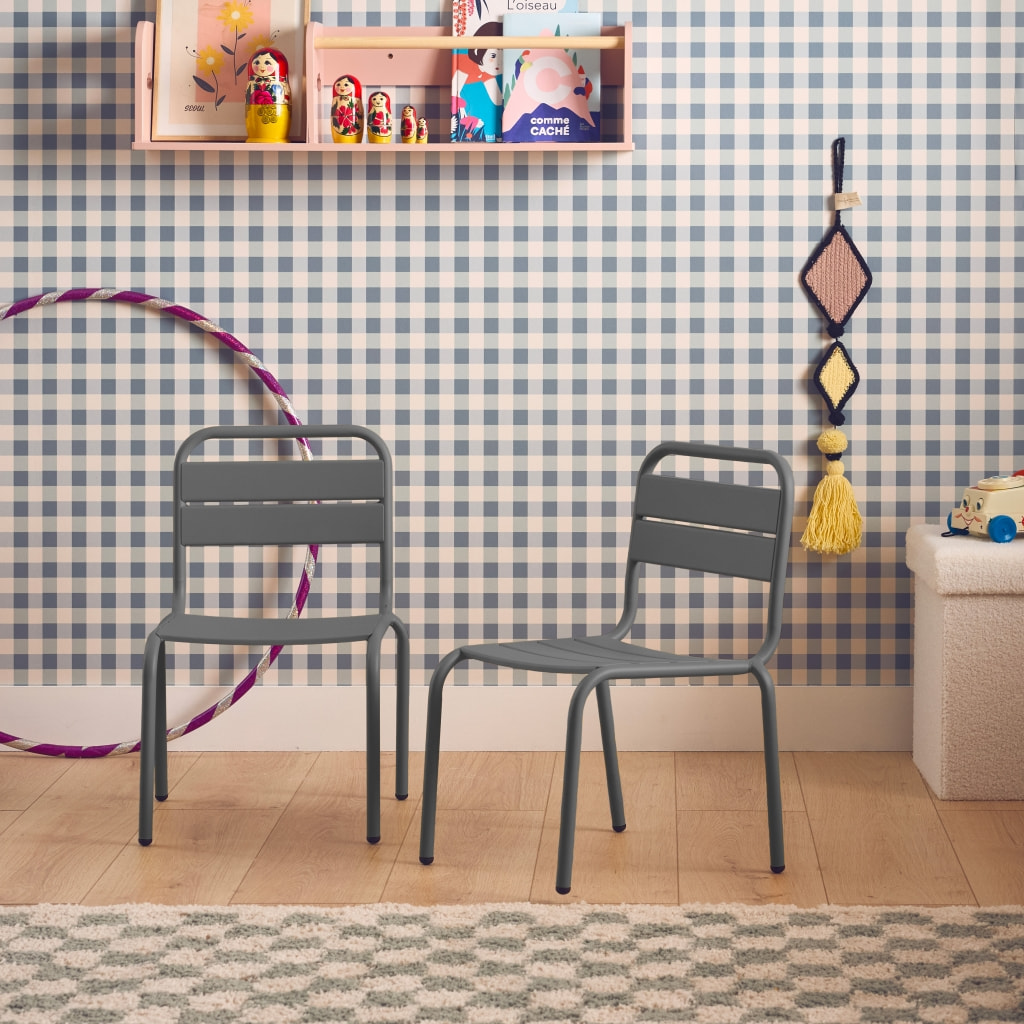 Salon de jardin enfant. lot de 2 chaises en métal anthracite pour enfant