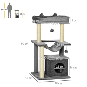 Árbol Rascador para Gatos Altura 90 cm Árbol para Gatos Torre para Gatos de 3 Niveles con Nido Hamaca Plataforma Bolas Colgantes y Poste de Sisal 48x48x90 cm Gris