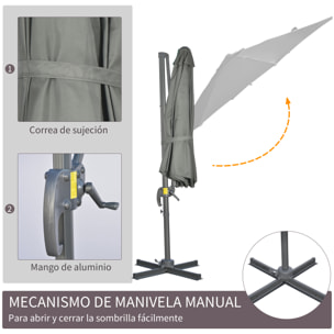 Sombrilla de Jardín Ø300x250 cm Parasol Excéntrico de Aluminio con Manivela Toldo Inclinable Giratorio 360° con Pedal y Base Cruzada para Patio Terraza Gris