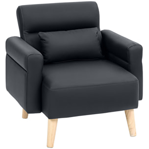 Sillón de Salón Tapizado en Cuero Sintético Butaca de Salón de 77 cm con Reposabrazos Acolchado Grueso Respaldo Acanalado y Patas de Madera para Dormitorio Sala de Estar Negro