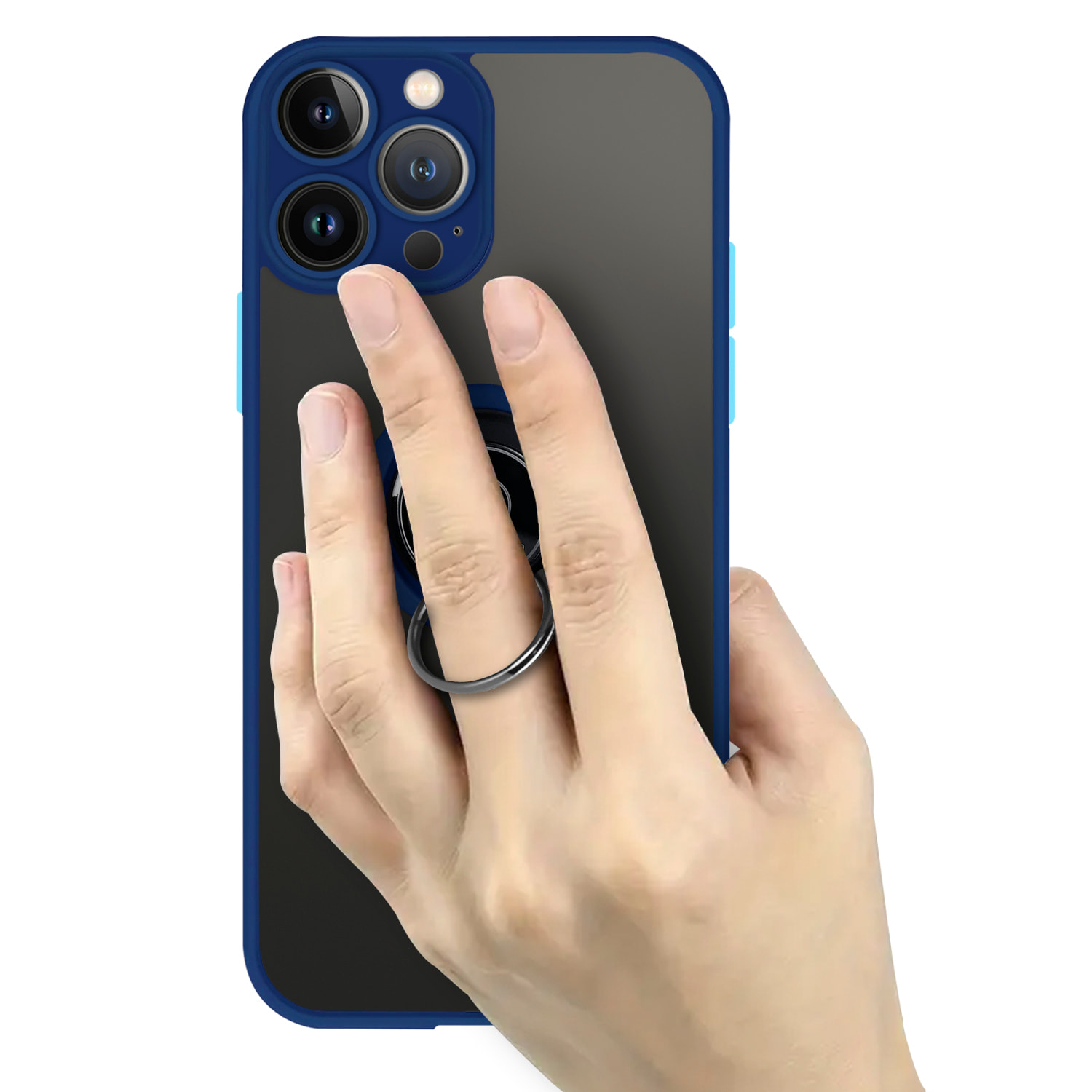 DAM Carcasa híbrida antigolpes Clampstand con protección de cámara para 14 Pro. Anillo de sujección plegable + modo stand. 7,43x1,31x15,06 Cm. Color: Azul Oscuro