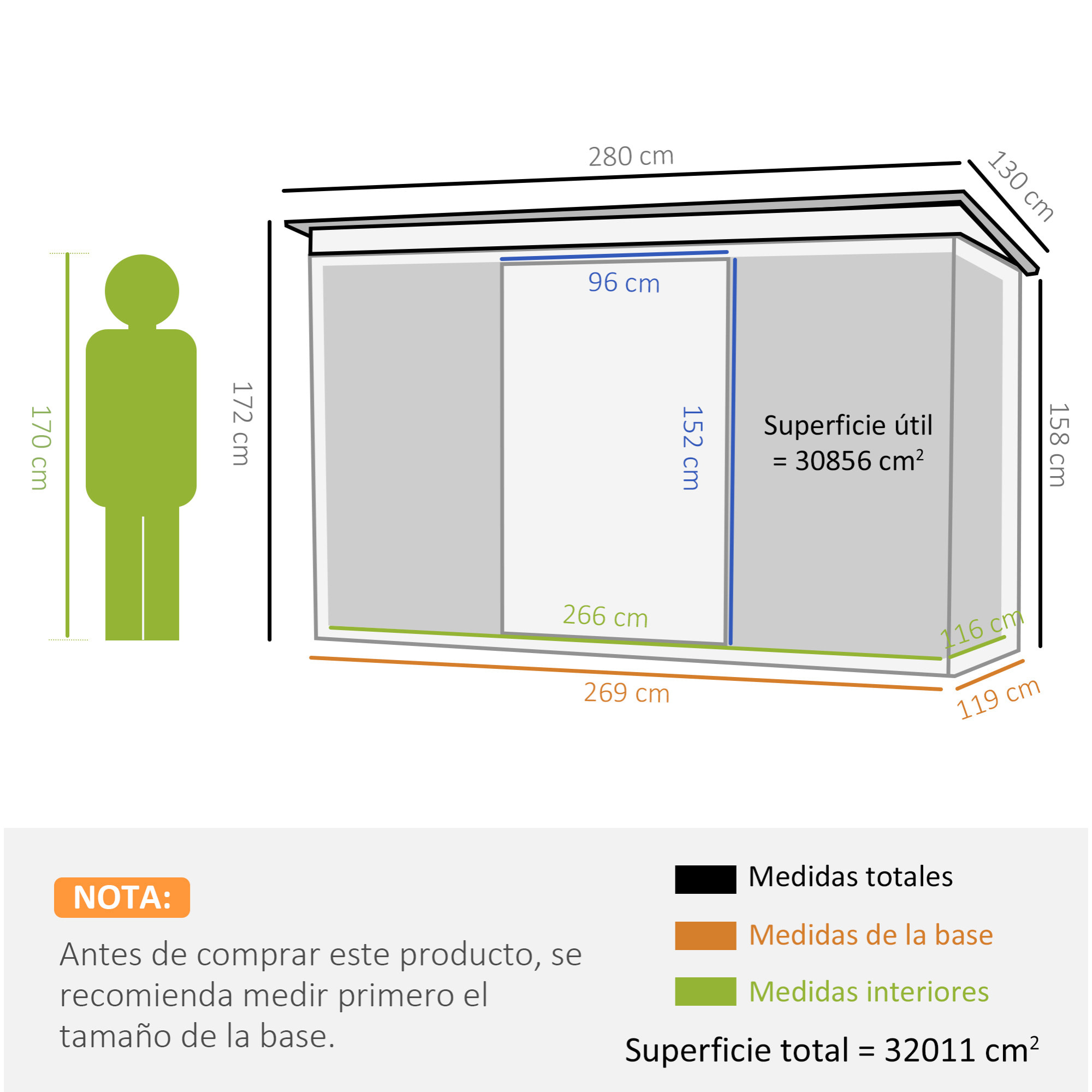 Cobertizo de Jardín 280x130x172 cm Base de 3,1 m² Caseta de Exterior Metálica para Almacenamiento de Herramientas con 2 Puertas Correderas y 2 Orificios de Ventilación Gris Oscuro