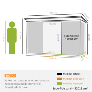 Cobertizo de Jardín 280x130x172 cm Base de 3,1 m² Caseta de Exterior Metálica para Almacenamiento de Herramientas con 2 Puertas Correderas y 2 Orificios de Ventilación Gris Oscuro