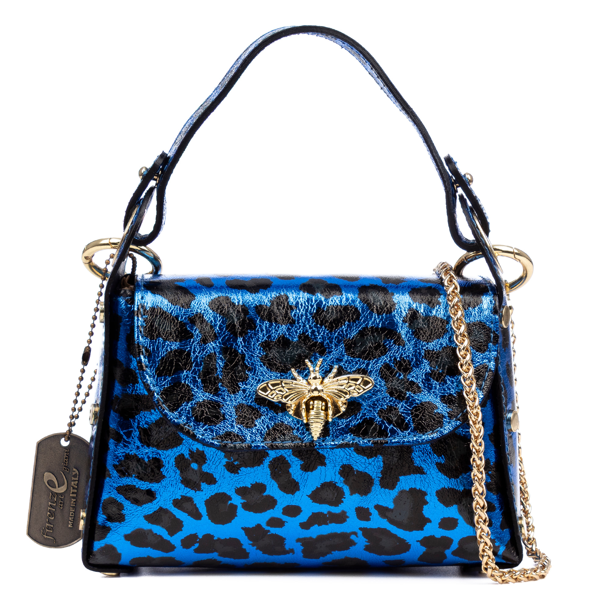 Aquileia bolso de mano mujer. Piel auténtica Gamuza con estampado animal print leopardo lacada brillante.