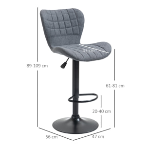 Lot de 2 tabourets de bar design dossier incurvé capitonné hauteur d'assise réglable 61-81 cm pivotant 360° repose-pied velours gris