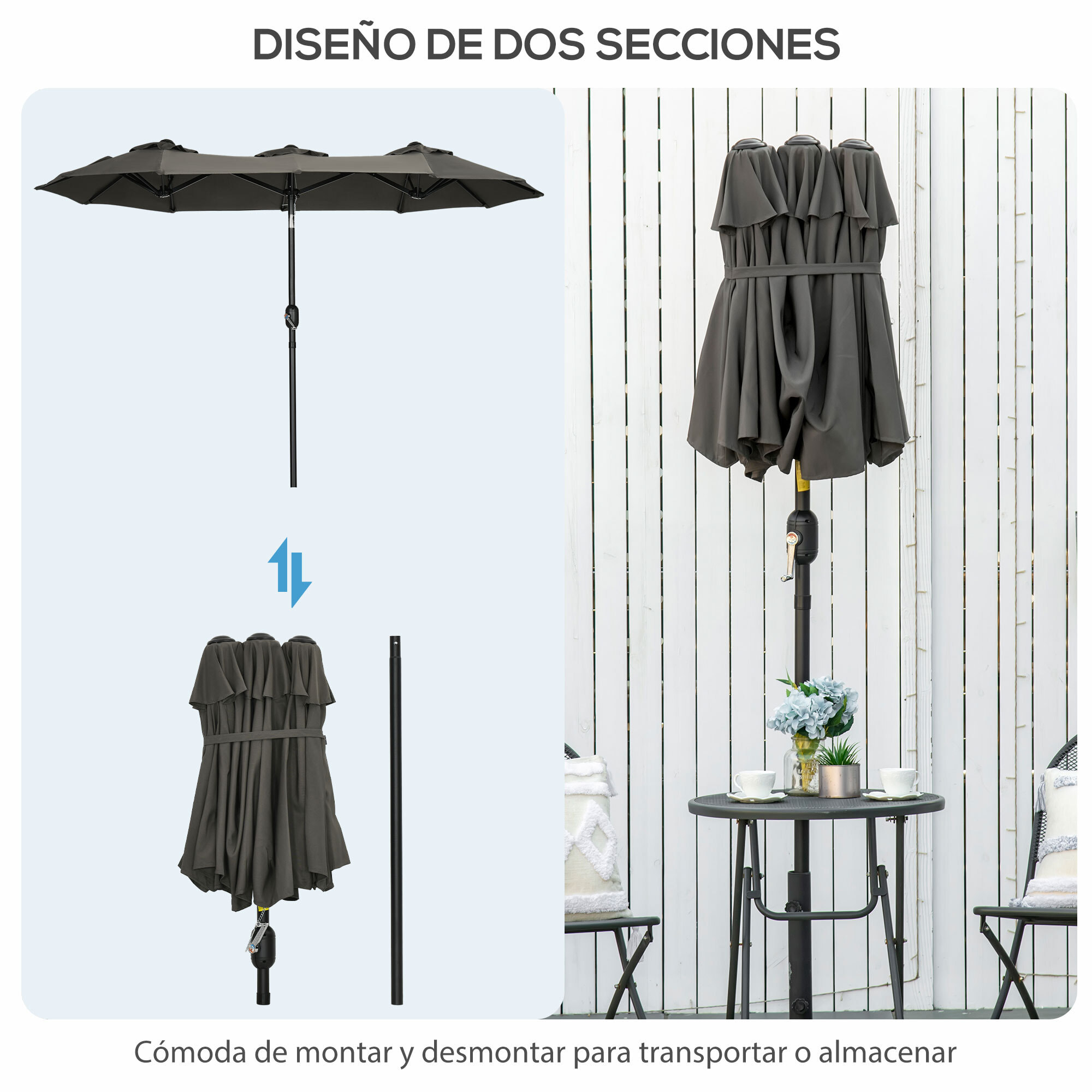 Sombrilla Doble 285x147x227 cm con Inclinación 45° Manivela para Terraza Gris