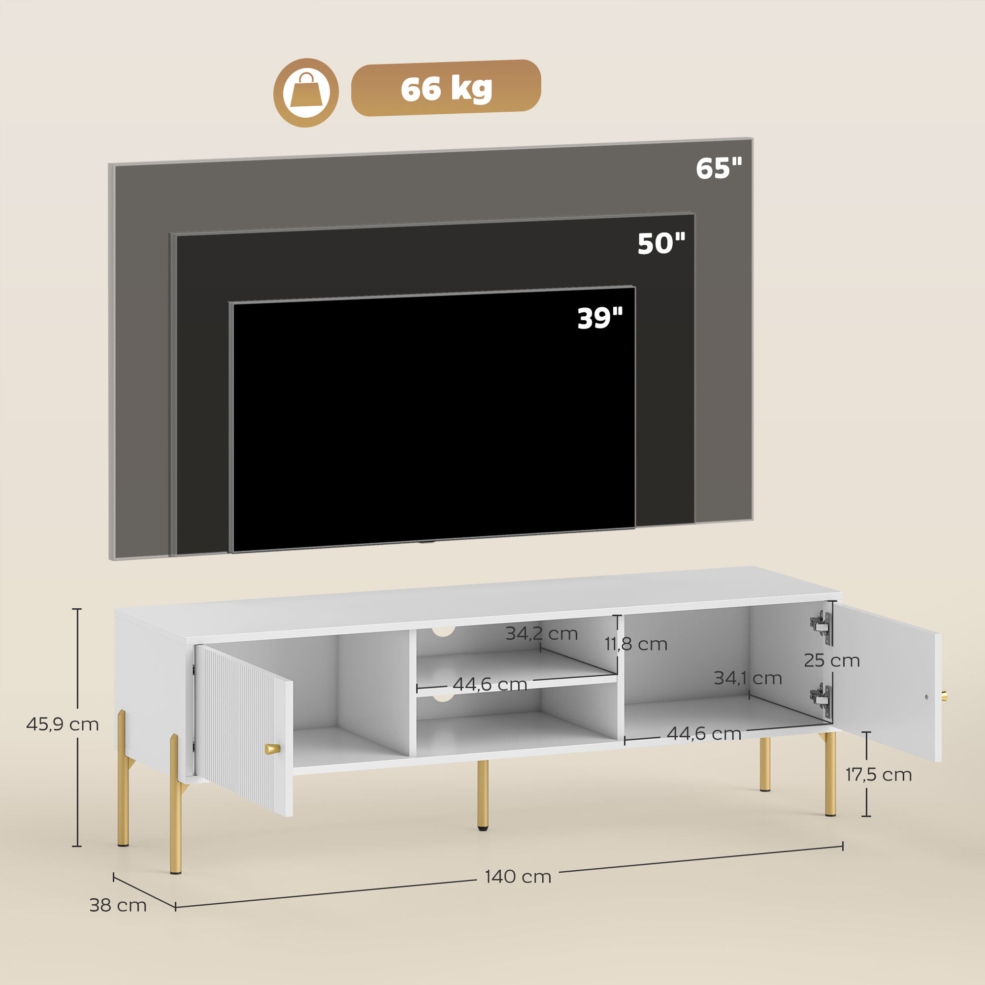Mueble de TV Moderno de 2 Puertas, Mesa TV para Salón con 2 Estantes Abiertos Ajustables, Orificios Pasacables, Patas de Acero, para Televisión 65 Pulgadas, 140x38x45,9 cm, Blanco