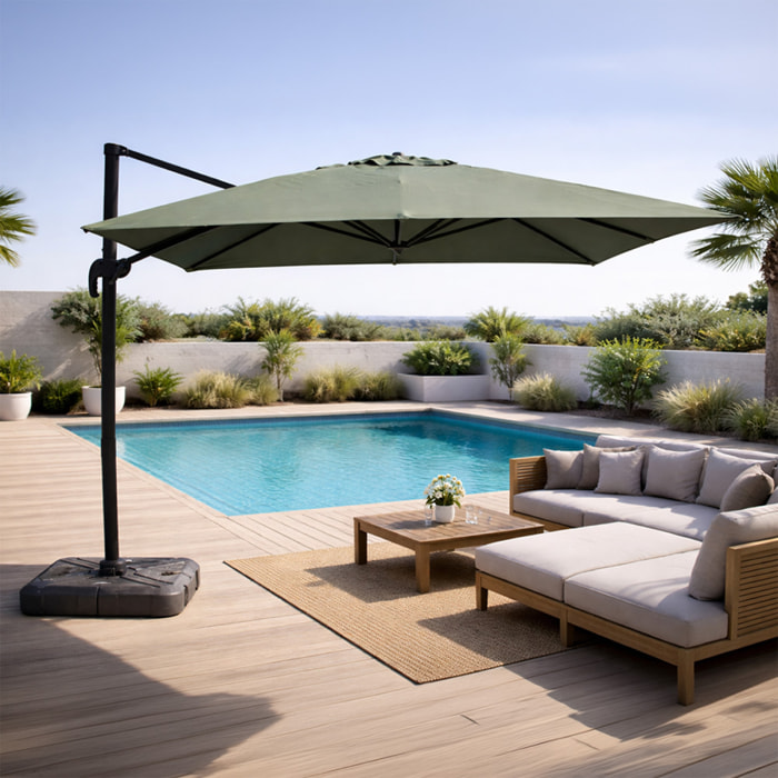 Parasol carré 3x3 déporté rotatif vert en aluminium RAFAELA