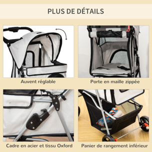 Poussette buggy pour chiens 75L x 46l x 94H cm pliable imperméable tissu 600D Oxford 4 roues gris