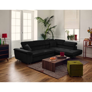 Dimas - canapé d'angle droit 5 places - convertible avec coffre et têtières réglables - en velours - Noir