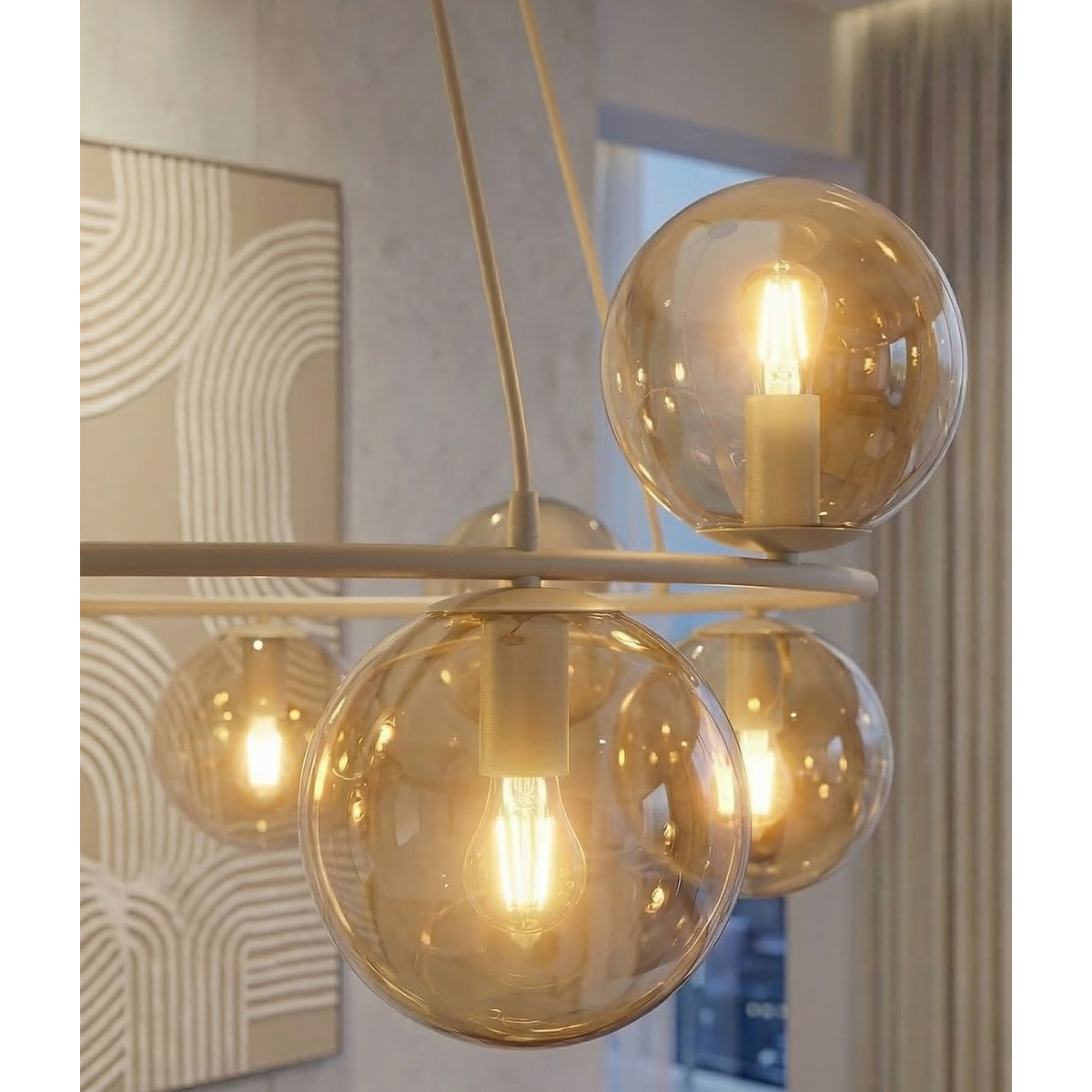 Lampada a sospensione AZURA in acciaio beige e sfere in vetro ambra