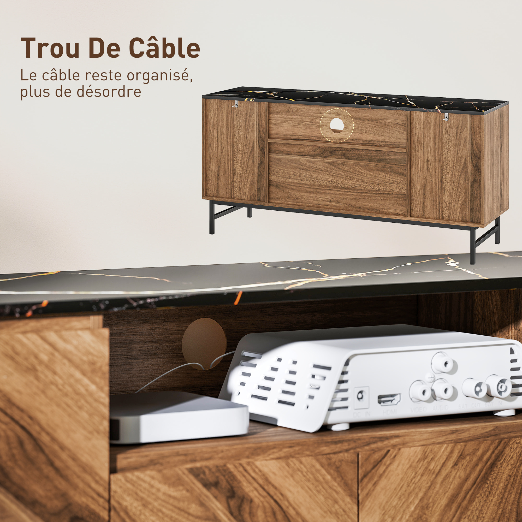 Meuble TV jusqu'à 65 pouces meuble télé aspect bois avec compartiment ouvert, portes, étagères réglables et passe-câbles, 140x39x66cm