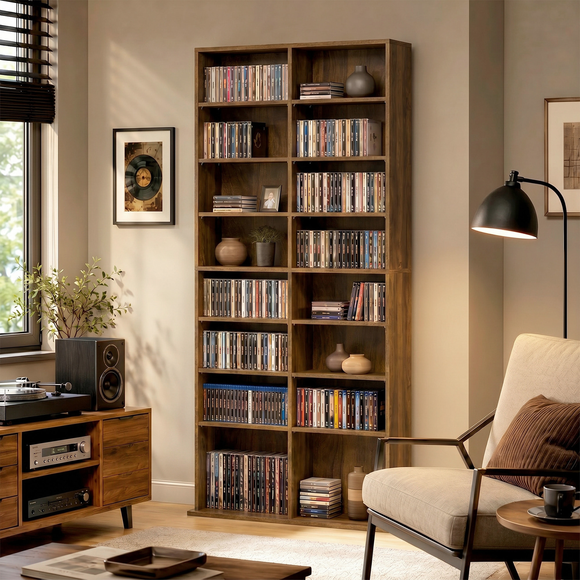 Étagère pour CD et DVD - 18 compartiments, 14 étagères réglables - 78,5x24x175cm - noyer
