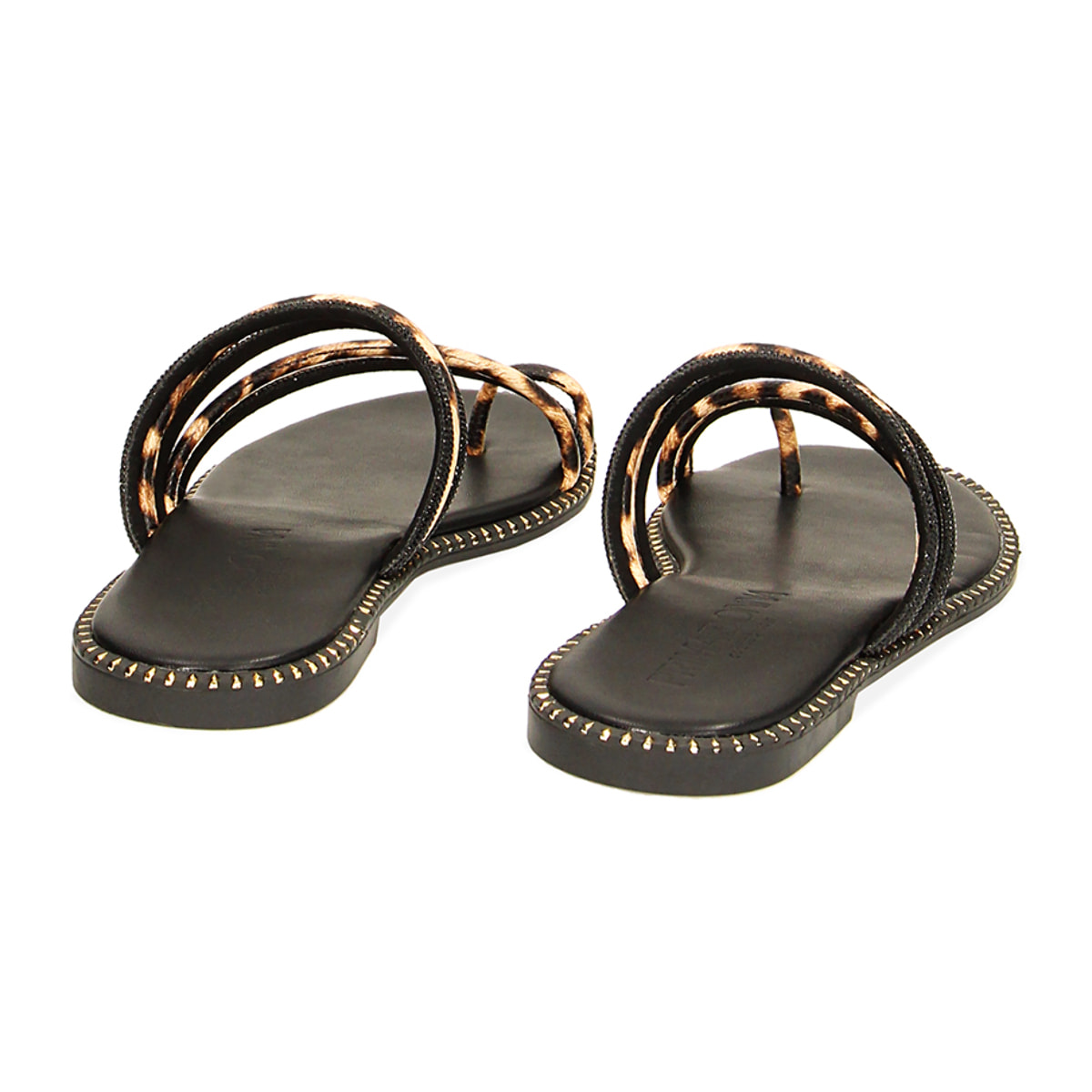 Sandalias planas mujer negras leopardo con piedras